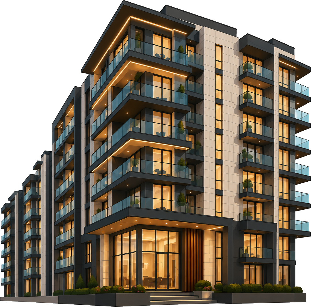 Edifício residencial moderno iluminado ao entardecer